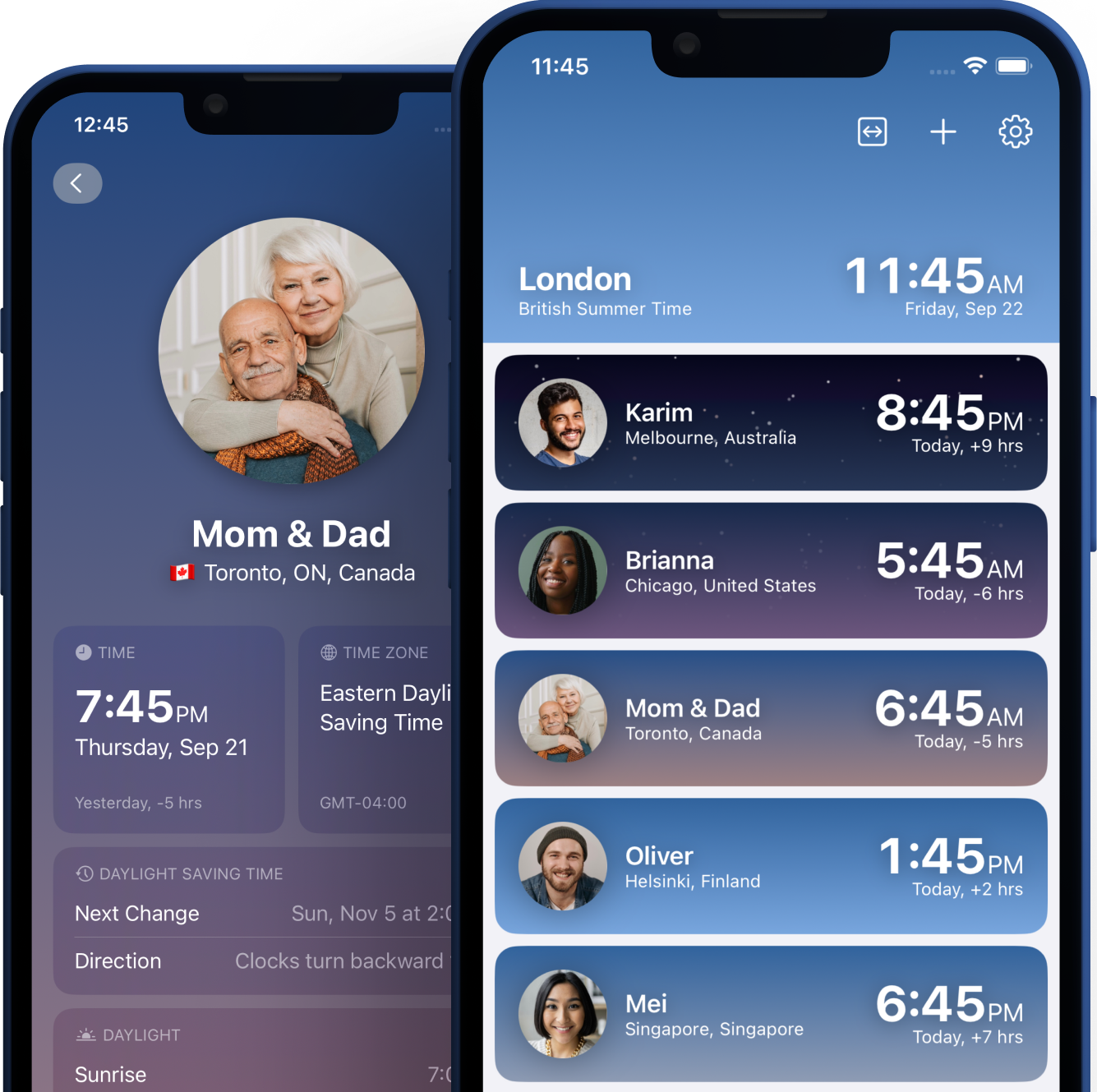 Two phones display Clockwise's home page and detail page