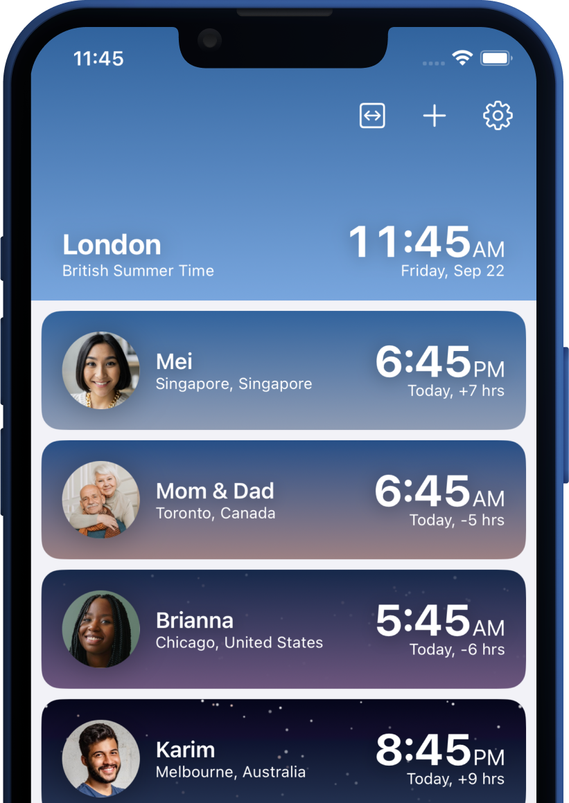 Phone displaying Clockwise's home page with four contacts