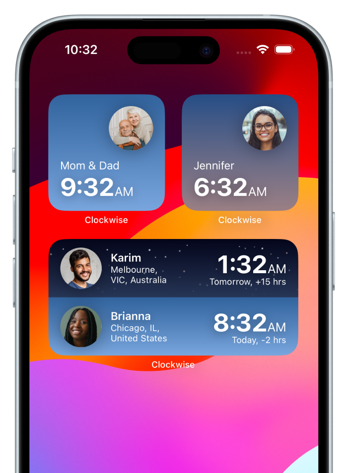 Phone displaying three Clockwise widgets on the home screen